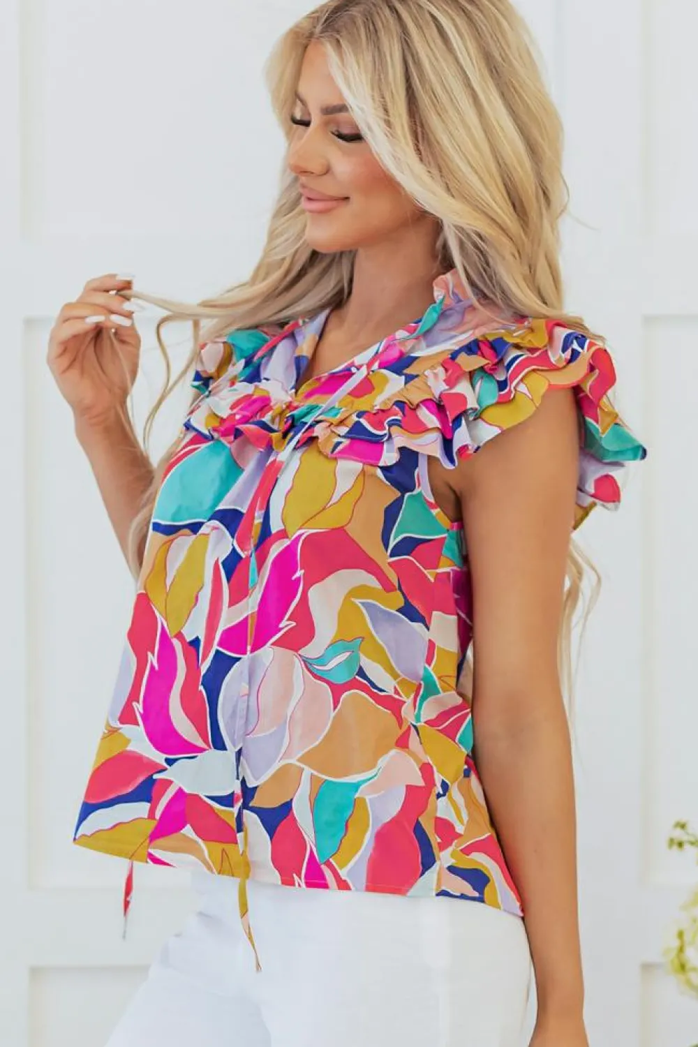 Clearance Dear-Lover Abstract Printed Ruffled Flutter Sleeve Tied Split V Neck Blouse Pink