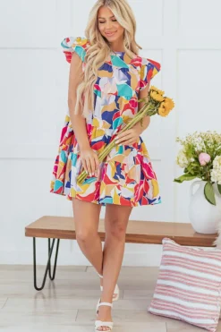 Online Dear-Lover Abstract Printed Ruffled Flutter Sleeve Tiered Mini Dress Pink