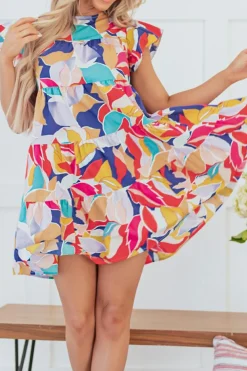 Online Dear-Lover Abstract Printed Ruffled Flutter Sleeve Tiered Mini Dress Pink