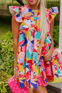 Online Dear-Lover Abstract Printed Ruffled Flutter Sleeve Tiered Mini Dress Pink