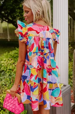 Online Dear-Lover Abstract Printed Ruffled Flutter Sleeve Tiered Mini Dress Pink
