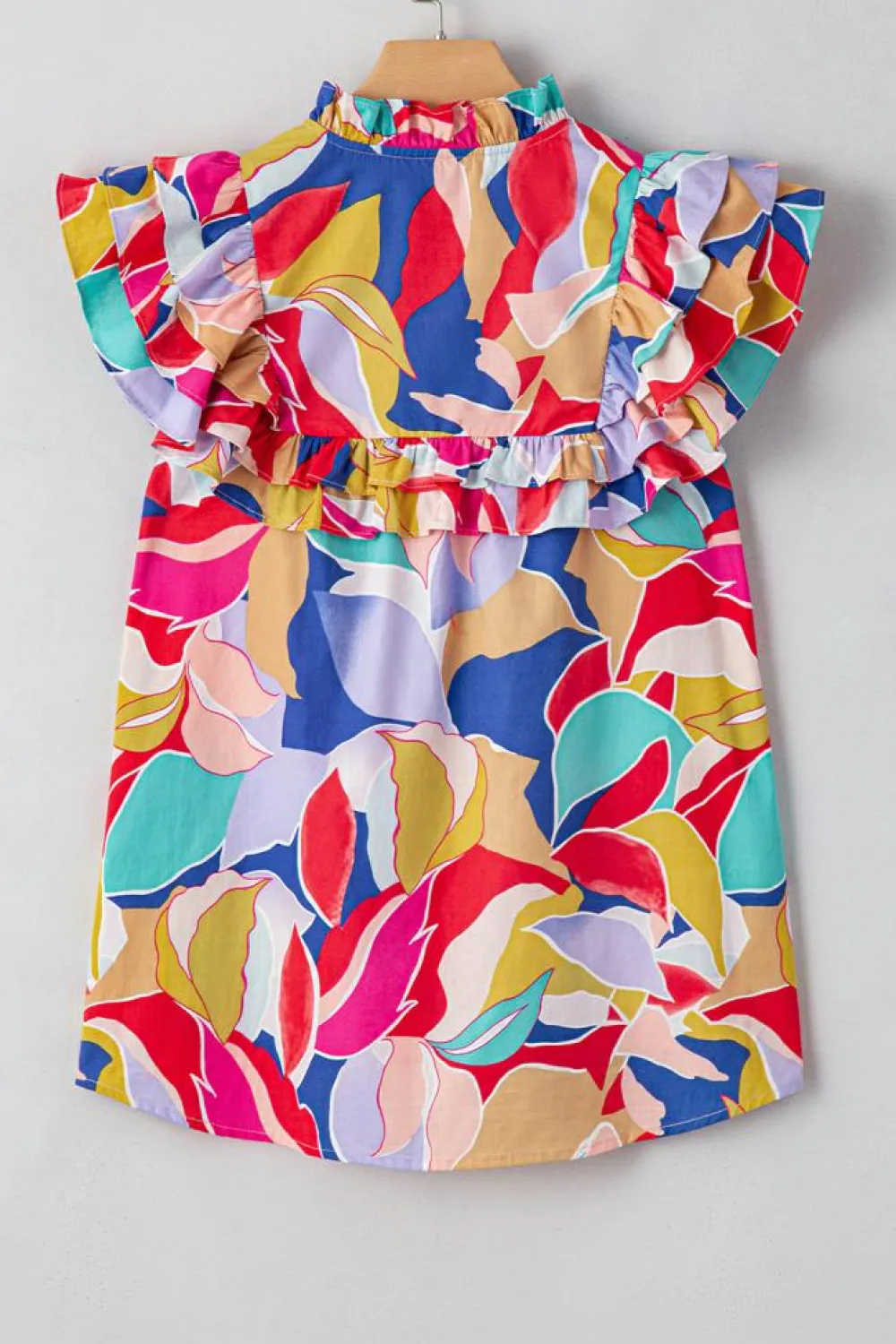 Clearance Dear-Lover Abstract Printed Ruffled Flutter Sleeve Tied Split V Neck Blouse Pink