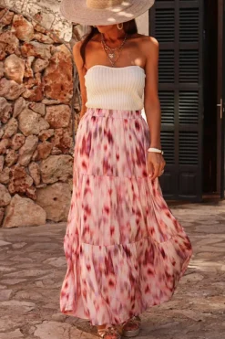 New Dear-Lover Abstract Watercolor Tie Dye Tiered Maxi Skirt Pink