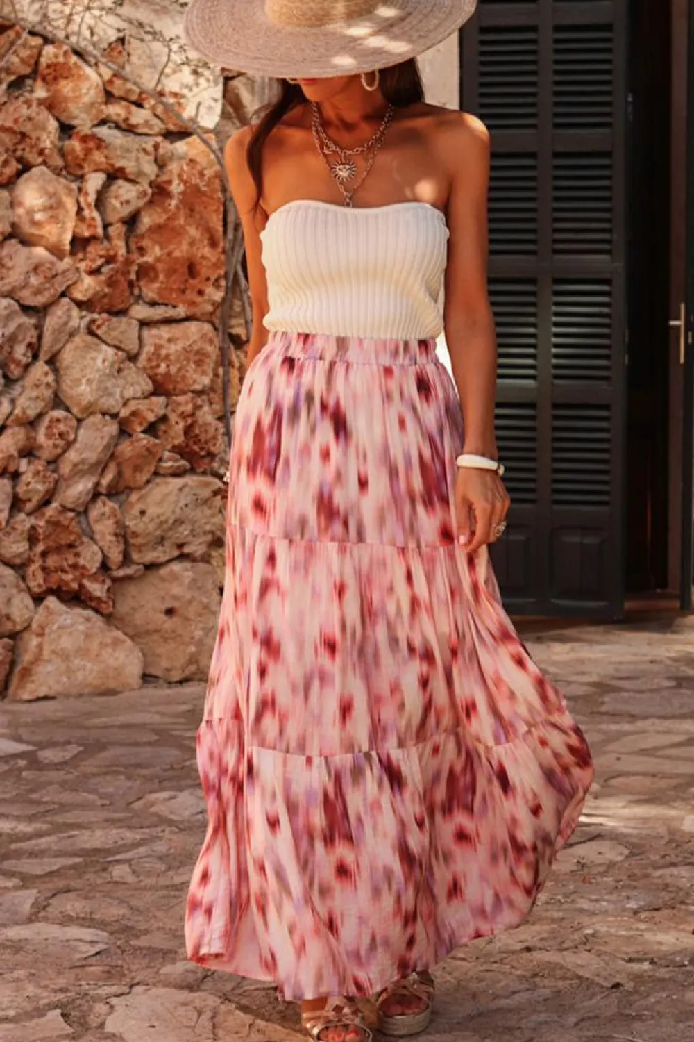 New Dear-Lover Abstract Watercolor Tie Dye Tiered Maxi Skirt Pink