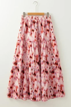 New Dear-Lover Abstract Watercolor Tie Dye Tiered Maxi Skirt Pink