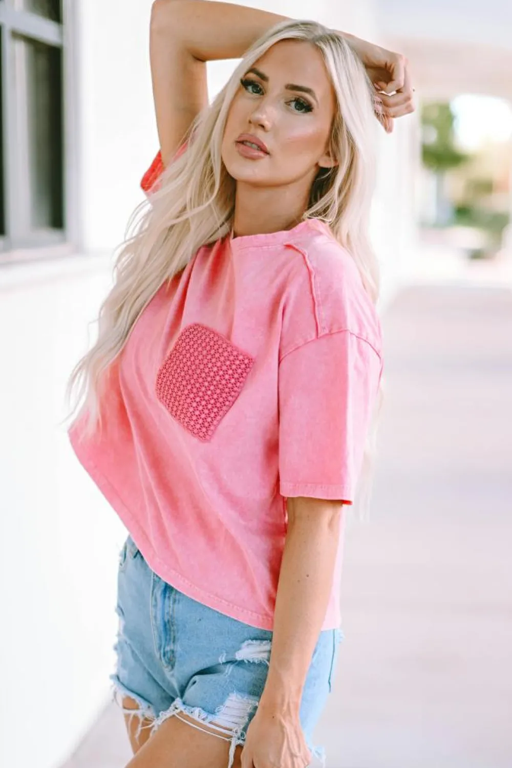Sale Dear-Lover Acid Wash Lace Patch Pocket T-Shirt Pink