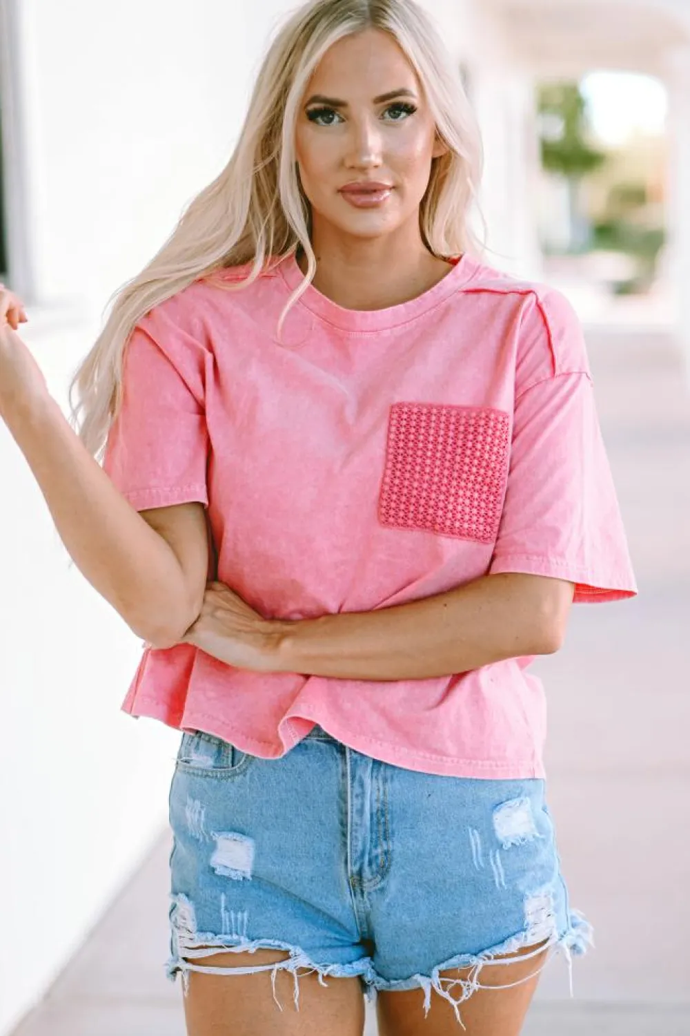 Sale Dear-Lover Acid Wash Lace Patch Pocket T-Shirt Pink