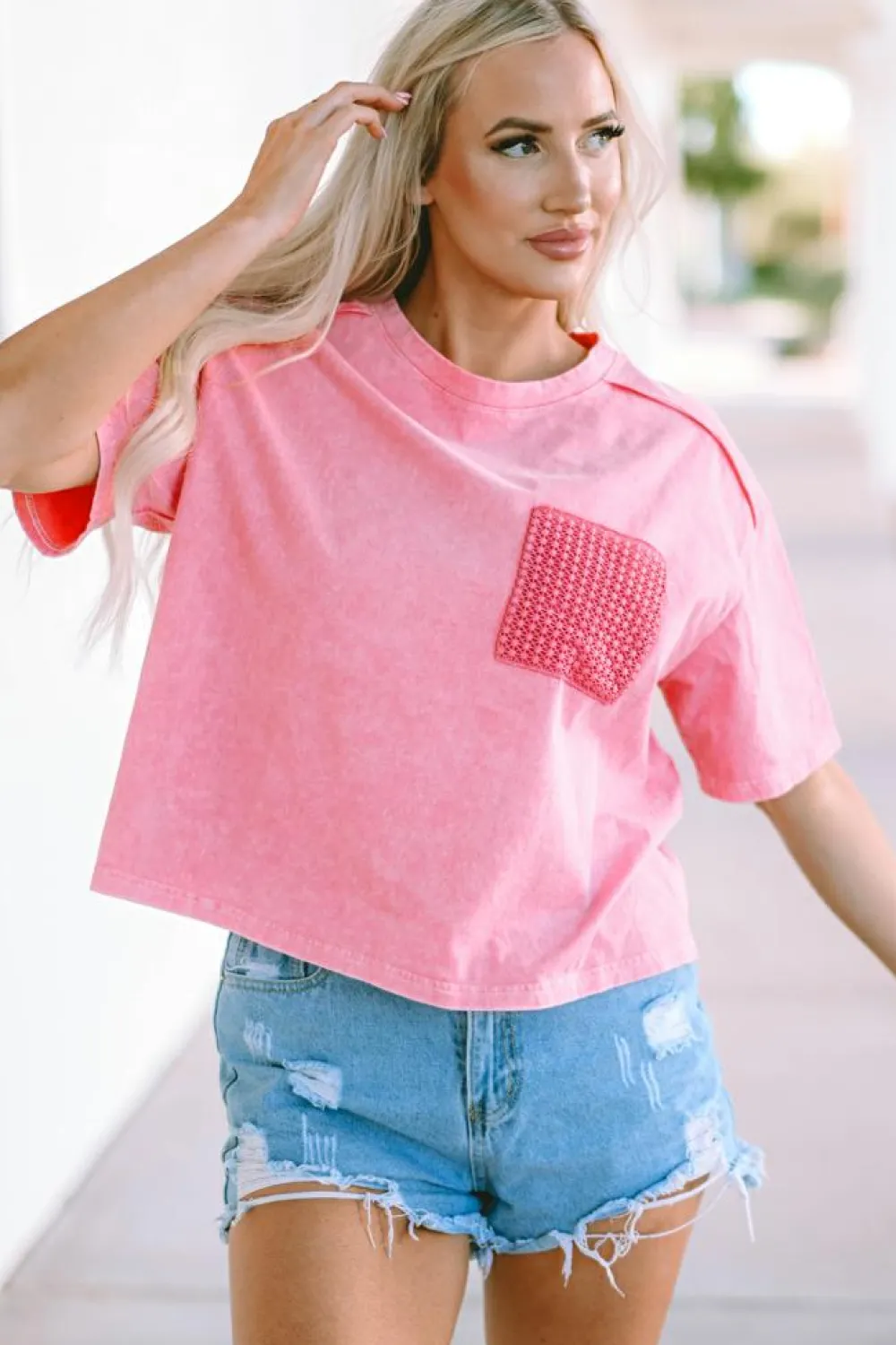 Sale Dear-Lover Acid Wash Lace Patch Pocket T-Shirt Pink