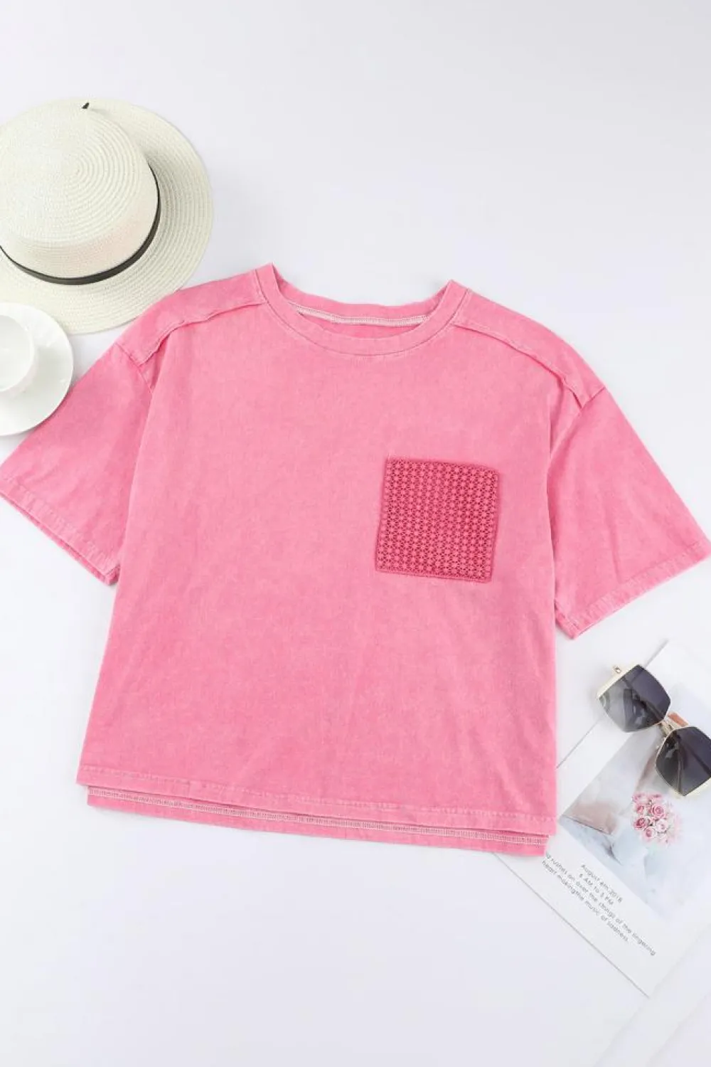 Sale Dear-Lover Acid Wash Lace Patch Pocket T-Shirt Pink