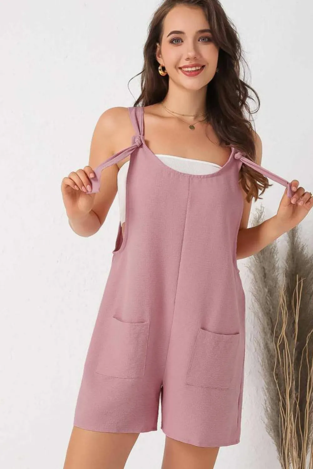 Sale Dear-Lover Adjustable Straps Pocketed Textured Romper Pink