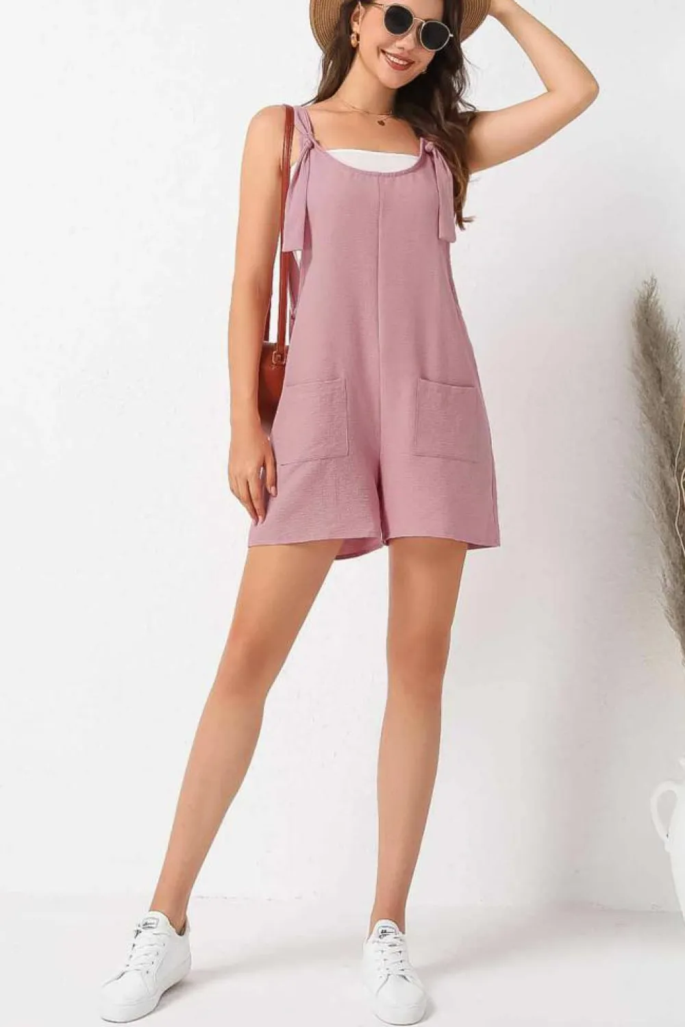 Sale Dear-Lover Adjustable Straps Pocketed Textured Romper Pink