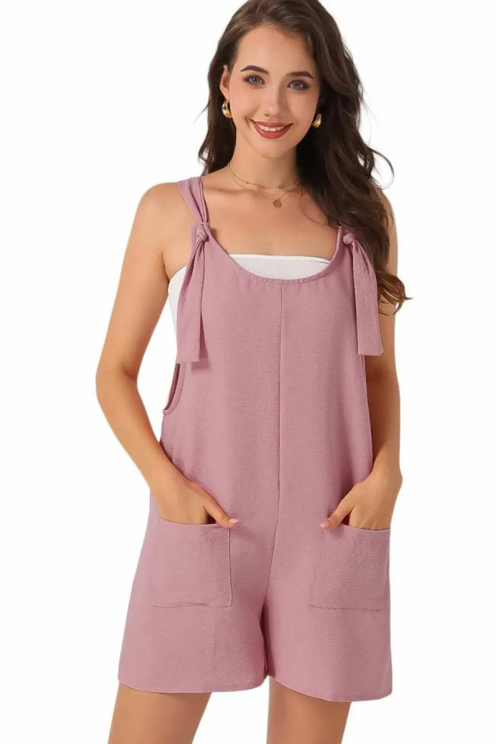 Sale Dear-Lover Adjustable Straps Pocketed Textured Romper Pink