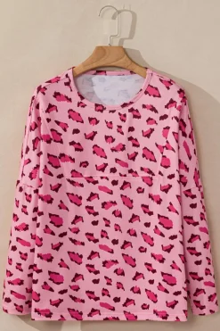 Clearance Dear-Lover Animal Print Stitching Loose Long Sleeve Top Pink