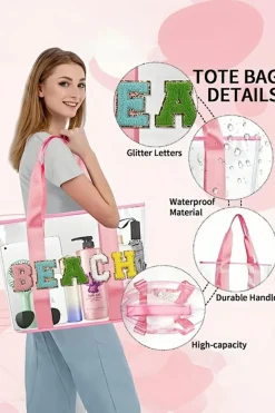 Clearance Dear-Lover BEACH Chenille Patched Large Clear PVC Shoulder Bag Pink