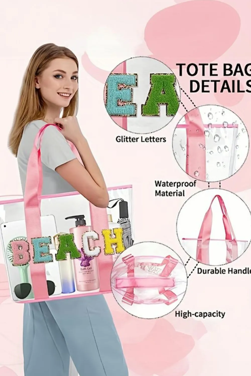 Clearance Dear-Lover BEACH Chenille Patched Large Clear PVC Shoulder Bag Pink