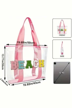 Clearance Dear-Lover BEACH Chenille Patched Large Clear PVC Shoulder Bag Pink