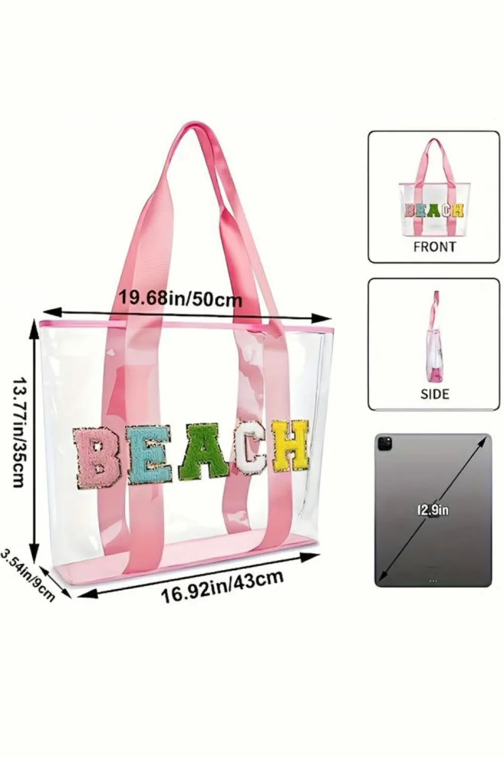 Clearance Dear-Lover BEACH Chenille Patched Large Clear PVC Shoulder Bag Pink