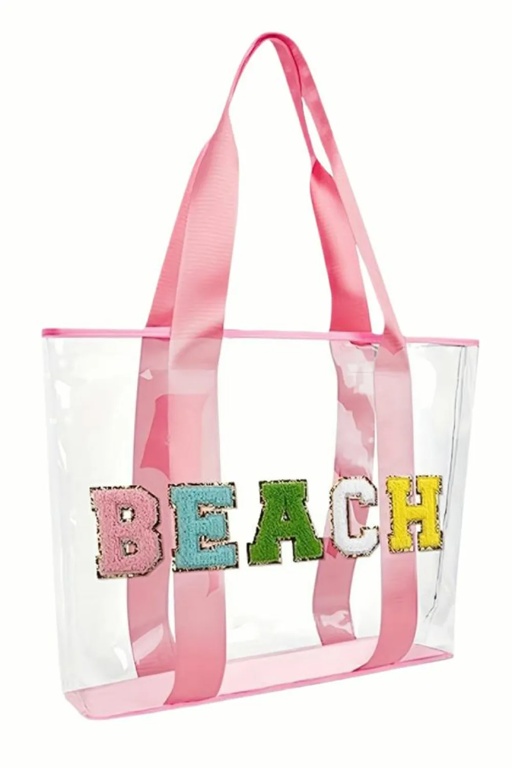 Clearance Dear-Lover BEACH Chenille Patched Large Clear PVC Shoulder Bag Pink