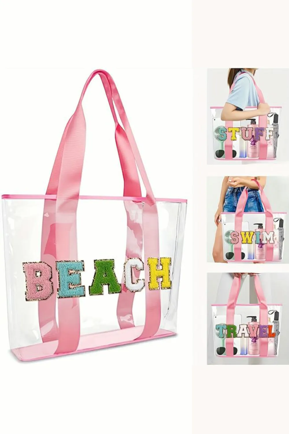 Clearance Dear-Lover BEACH Chenille Patched Large Clear PVC Shoulder Bag Pink