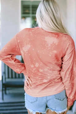 Fashion Dear-Lover Bleached Round Neck Pullover Sweatshirt Pink