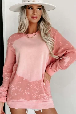 Fashion Dear-Lover Bleached Round Neck Pullover Sweatshirt Pink