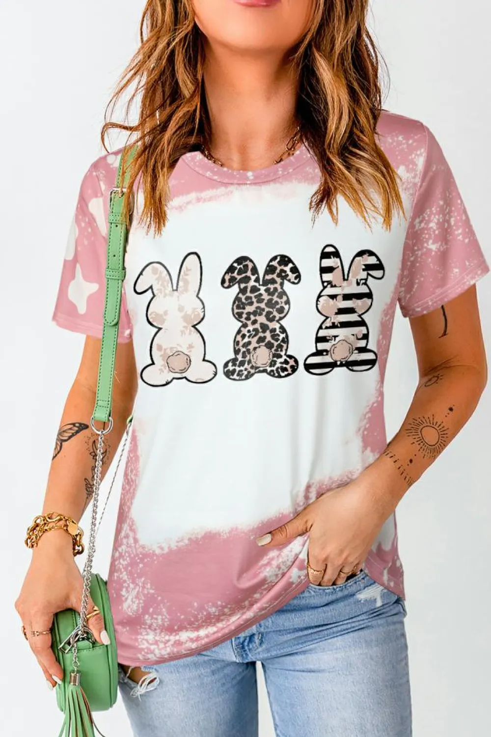 Sale Dear-Lover Bleached Tie-dye Easter Rabbits Graphic T Shirt Pink