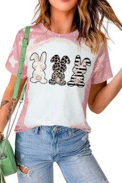 Sale Dear-Lover Bleached Tie-dye Easter Rabbits Graphic T Shirt Pink