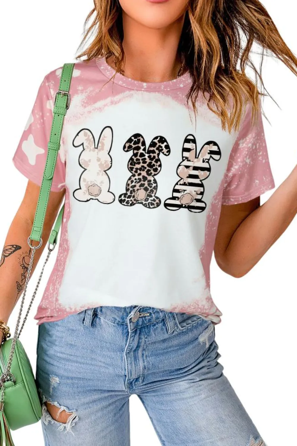 Sale Dear-Lover Bleached Tie-dye Easter Rabbits Graphic T Shirt Pink