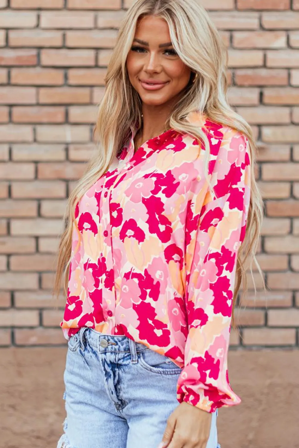 Outlet Dear-Lover Blooming Floral Print Puff Sleeve Buttoned Shirt Pink