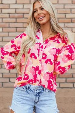 Outlet Dear-Lover Blooming Floral Print Puff Sleeve Buttoned Shirt Pink