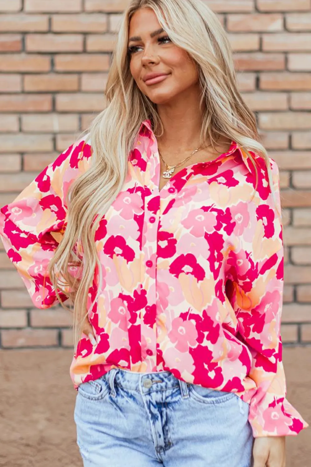 Outlet Dear-Lover Blooming Floral Print Puff Sleeve Buttoned Shirt Pink