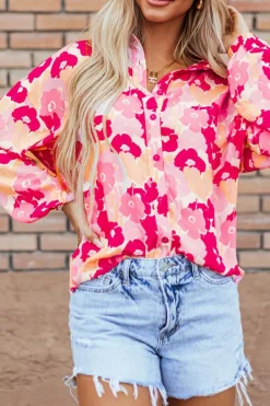 Outlet Dear-Lover Blooming Floral Print Puff Sleeve Buttoned Shirt Pink
