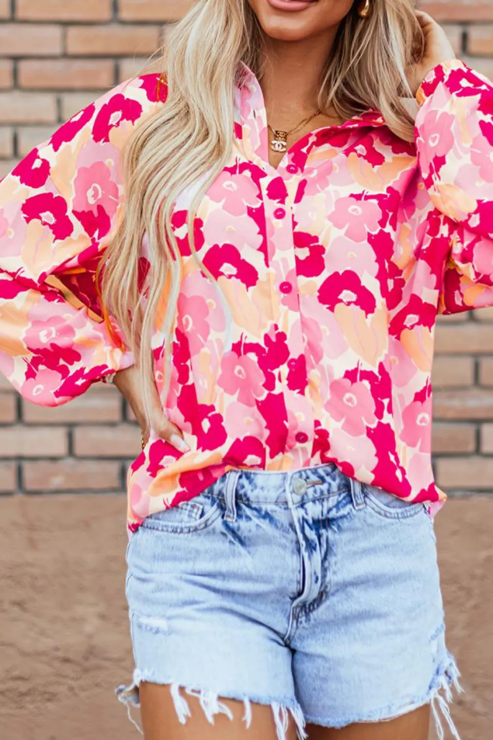 Outlet Dear-Lover Blooming Floral Print Puff Sleeve Buttoned Shirt Pink