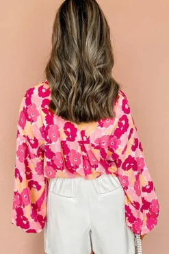 Outlet Dear-Lover Blooming Floral Print Puff Sleeve Buttoned Shirt Pink
