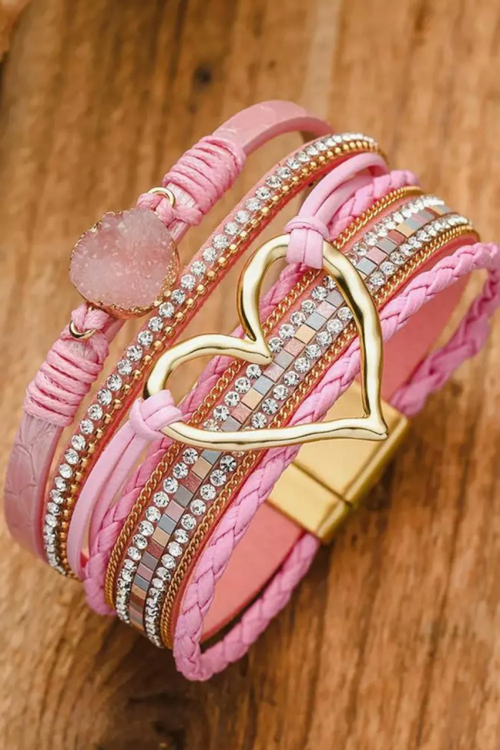Outlet Dear-Lover Bohemian Heart Rhinestone Magnetic Buckle Bracelet Pink