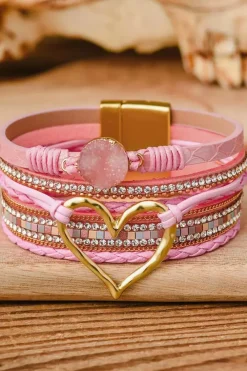 Outlet Dear-Lover Bohemian Heart Rhinestone Magnetic Buckle Bracelet Pink