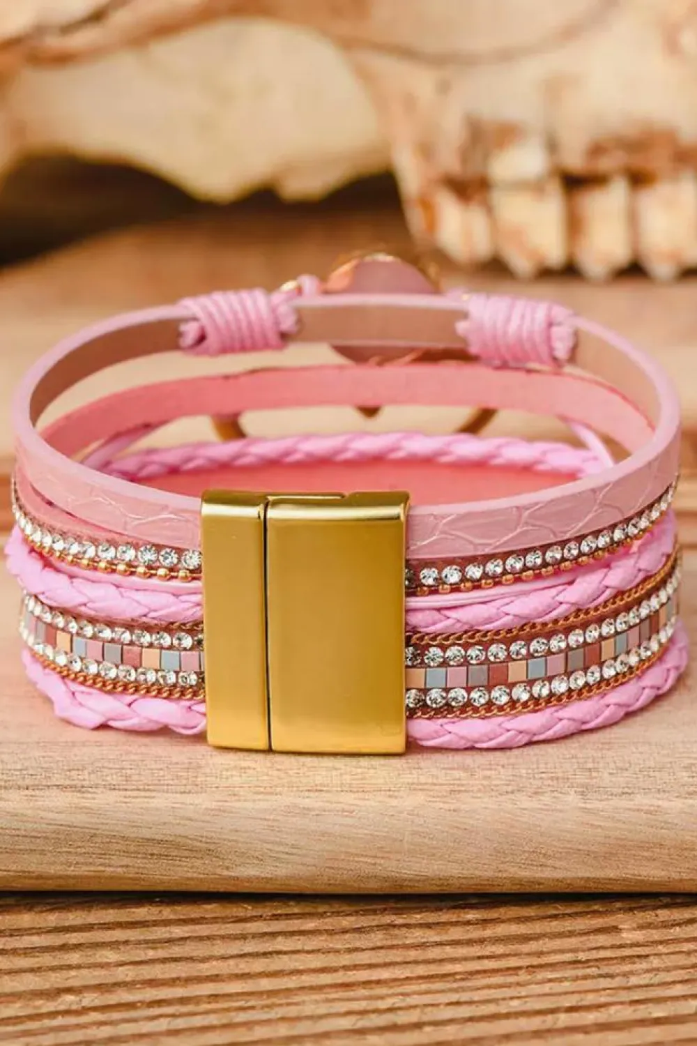 Outlet Dear-Lover Bohemian Heart Rhinestone Magnetic Buckle Bracelet Pink