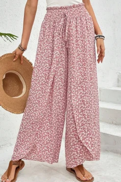 Discount Dear-Lover Bohemian Print Slit Wide Leg Smocked High Waist Pants Pink