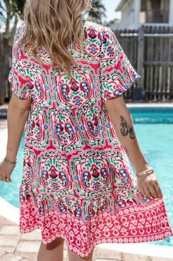 Discount Dear-Lover Bohemian Print Tie Neck Ruffle Hem Short Dress Pink