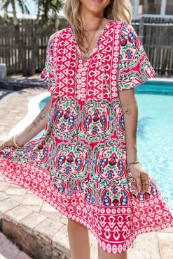 Discount Dear-Lover Bohemian Print Tie Neck Ruffle Hem Short Dress Pink
