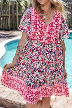 Discount Dear-Lover Bohemian Print Tie Neck Ruffle Hem Short Dress Pink