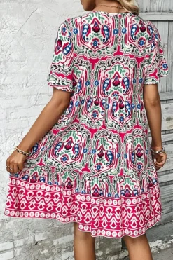 Discount Dear-Lover Bohemian Print Tie Neck Ruffle Hem Short Dress Pink