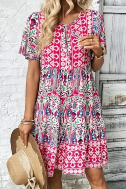 Discount Dear-Lover Bohemian Print Tie Neck Ruffle Hem Short Dress Pink