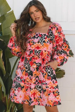 Online Dear-Lover Bohemian Square Neck Puff Sleeve Mini Dress Pink