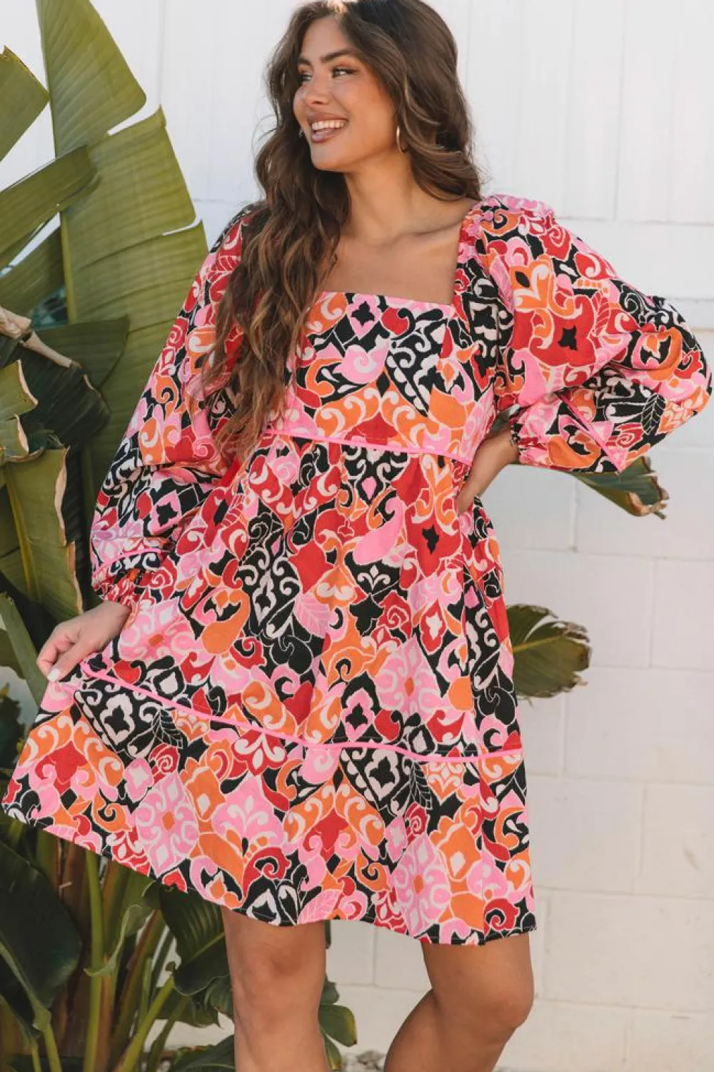 Online Dear-Lover Bohemian Square Neck Puff Sleeve Mini Dress Pink
