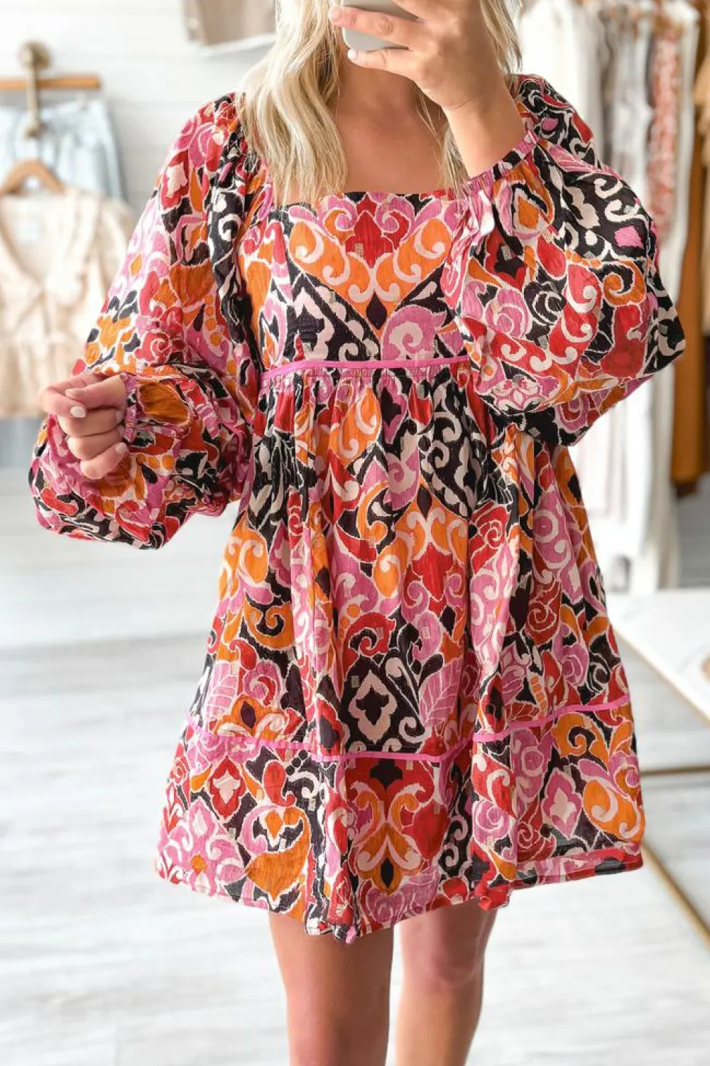 Online Dear-Lover Bohemian Square Neck Puff Sleeve Mini Dress Pink