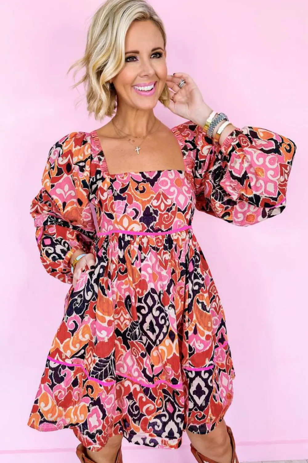 Online Dear-Lover Bohemian Square Neck Puff Sleeve Mini Dress Pink