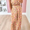 Fashion Dear-Lover Boho Floral Bandeau Top and High Waist Wide Leg Pants Set Pink