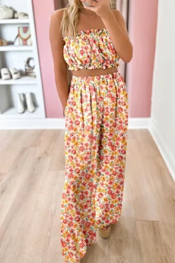 Fashion Dear-Lover Boho Floral Bandeau Top and High Waist Wide Leg Pants Set Pink