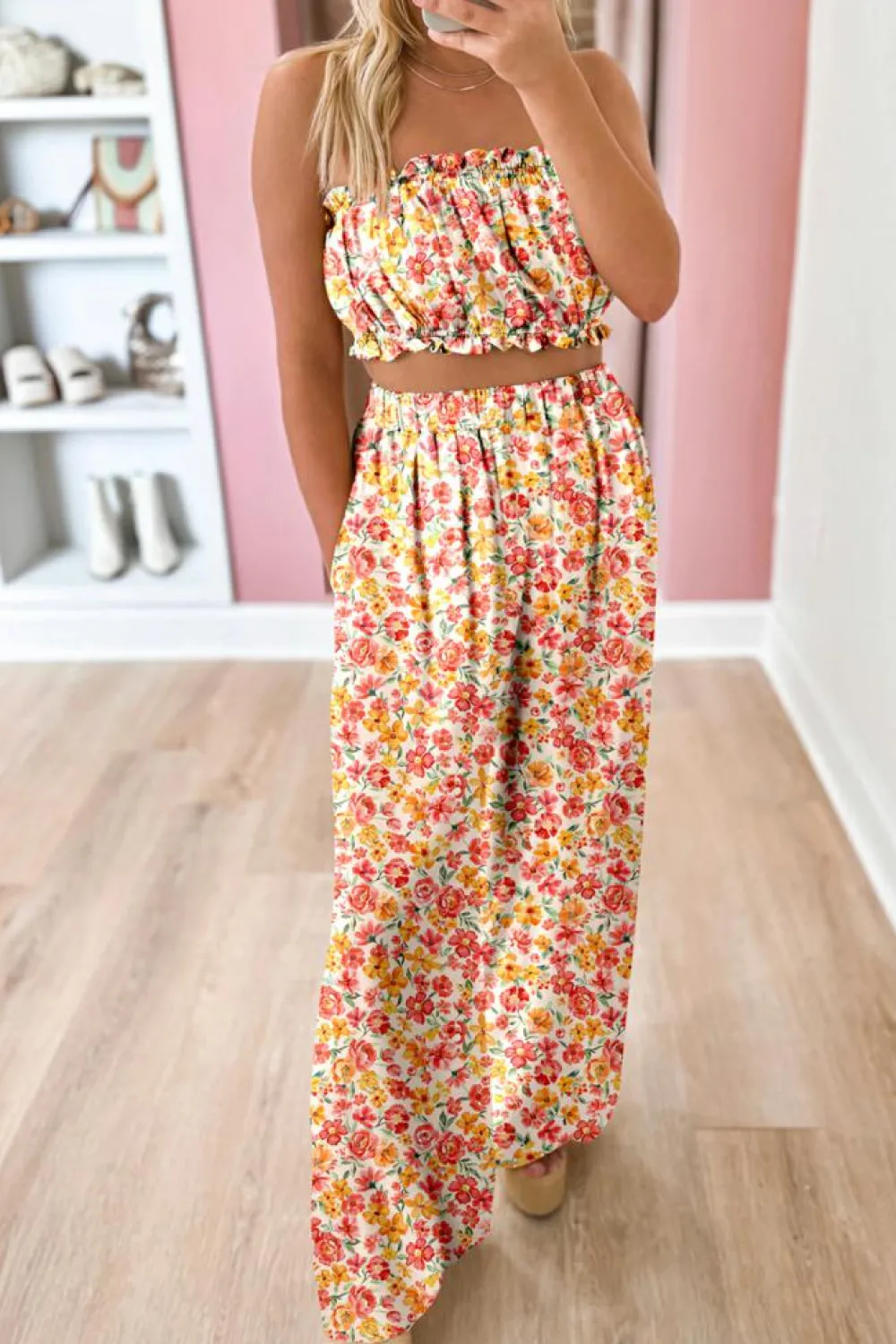 Fashion Dear-Lover Boho Floral Bandeau Top and High Waist Wide Leg Pants Set Pink